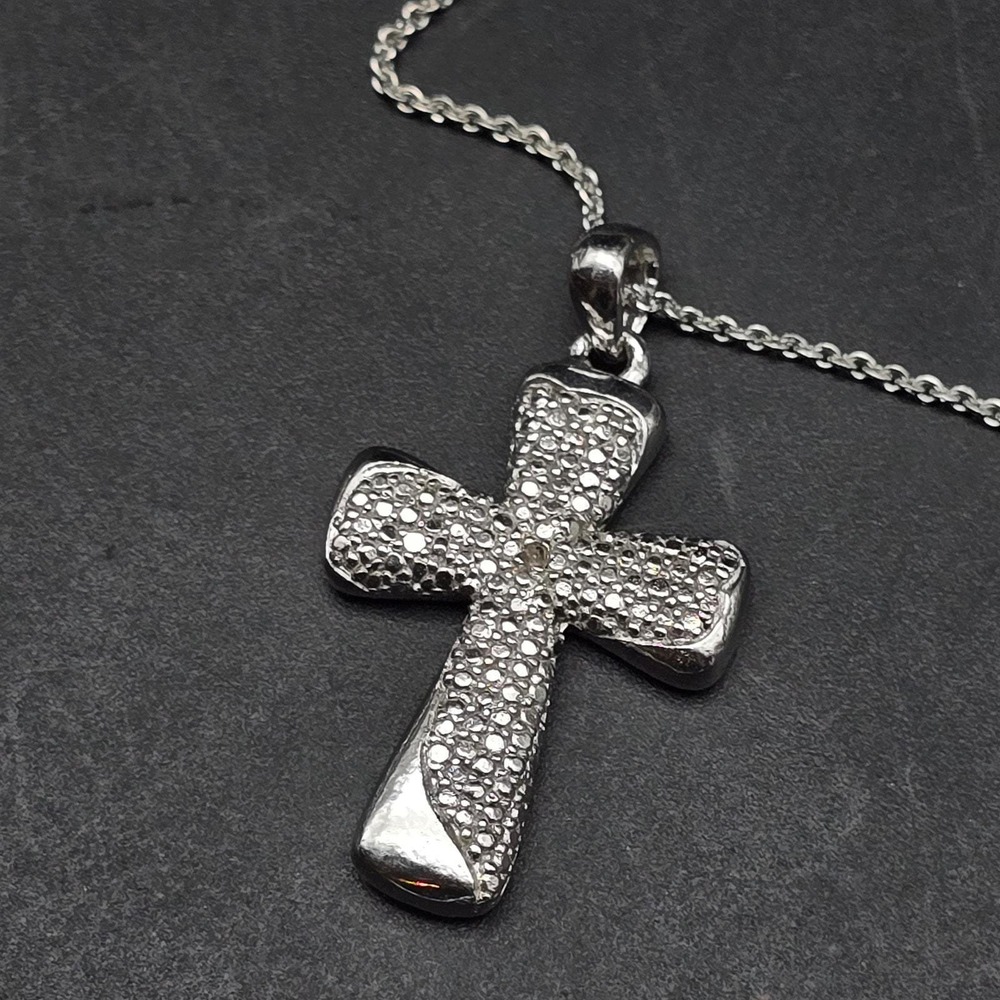 FAS Sterling Silver Cross Pendant Diamond Chip Accents Religious Jewelry